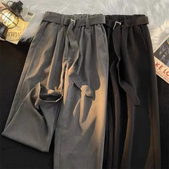 Threebooy  Solid Color Straight Wide-leg Non-iron Trousers for Men's Retro Loose Droop Korean Style Suit Trousers