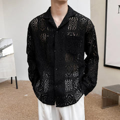 Threebooy New Chic Men Hollow Out Cardigan Tops Light Luxury Korean Style Long Sleeve Shirts Casual Retro Solid Color Button-down Blouse