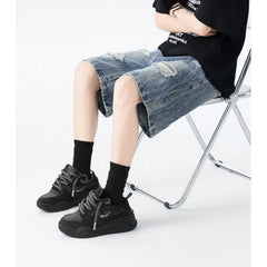 Threebooy  Distressed Denim Shorts mens Ripped Pocket Streetwear Summer Fashion Trendy Urban Vintage Casual Women Men Comfort Stylis