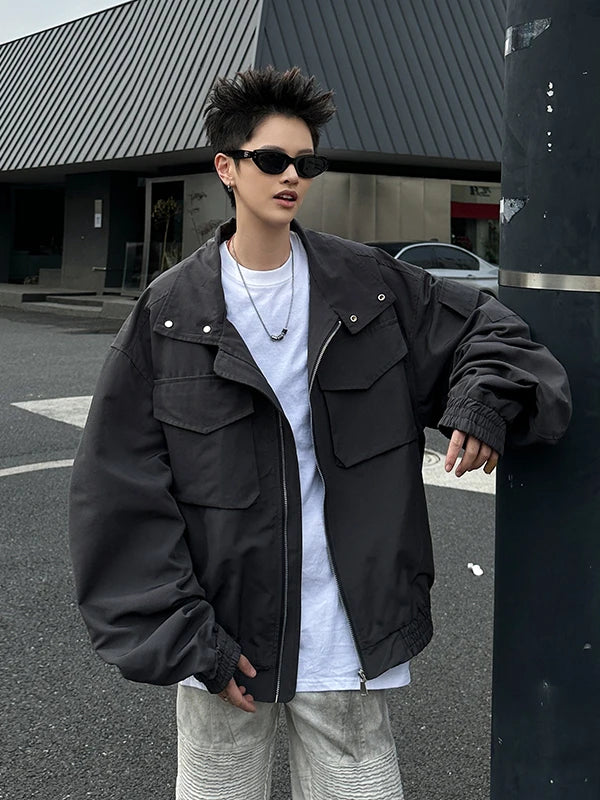 Threebooy Outdoor Work Jacket Men's Spring Autumn American Retro Zipper Coat Silhouette Bomber Handsome High Street Flying Work Jacket
