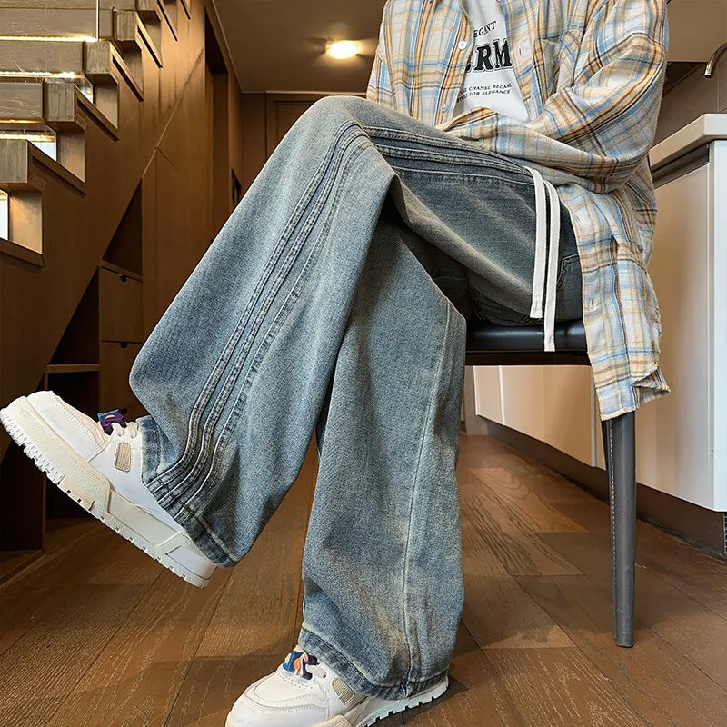 Threebooy Jeans Men Denim Pants Elastic waist pull rope Straight Droop Vintage Loose Bottom Straight Wide Leg Casual Male Trouser