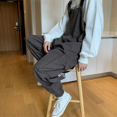 Threebooy Suspenders Jumpsuit Pants Men Summer Overalls Japanese Loose Straps Casual Pockets Unisex Oversize Streetwear Solid Man Clothing