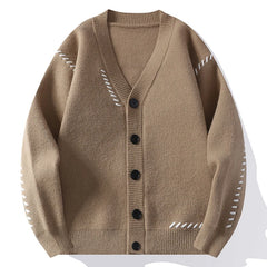 Threebooy Autumn Winter V-Neck Knit Cardigan Men Harajuku Patchwork Loose Knitted Sweater Outerwear Coat Mens Fashion Casual Streetwear