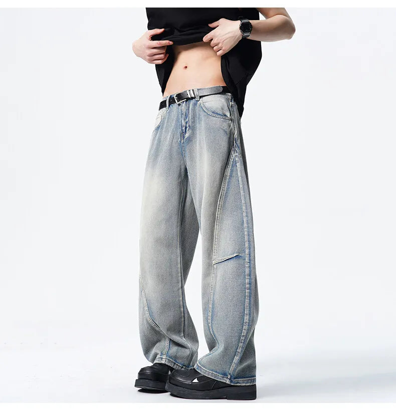Threebooy Mens Loose Fit Patchwork Wide Leg Washed Jeans Vintage Denim Pants Casual Streetwear Comfort Trendy Baggy Trousers Hip Hop