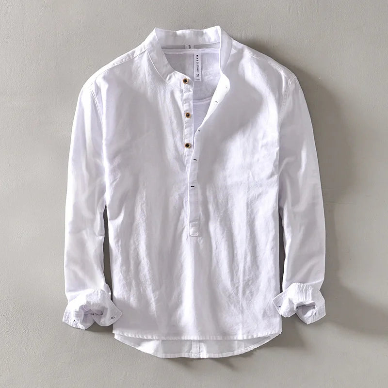 Threebooy  Solid Color Men's Long Sleeve Shirt Japanese Styles Standing Collar Loose Fitting Classic Pullover Half-cardigans Shirt Tops