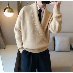 Threebooy  Korean Style Autumn Solid Color V-Neck Draped Unique Men's Sweater Loose Fit Casual Knitted Top For Leisure