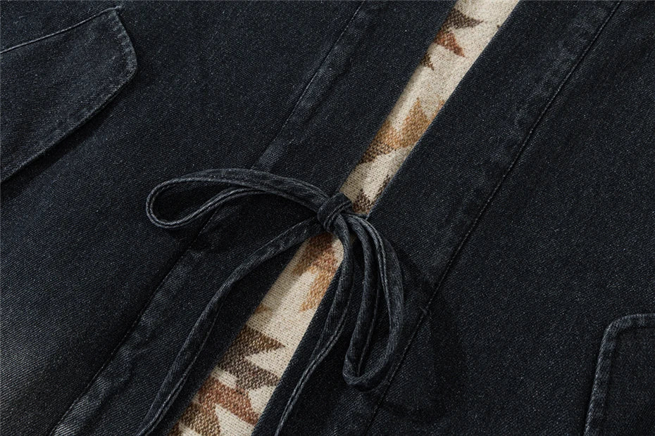 Threebooy Vintage Cargo Denim Jackets Mens Japan Style Double-faced Cardigan Kimono Harajuku Loose Casual Cotton Print Jeans Coats Male