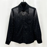 Threebooy Mens Sexy Diamond Shoulder Pad Shirt Autumn Genderless Fashion Lazy Style Nightclub Performance Loose Long Sleeve Shirt Unisex