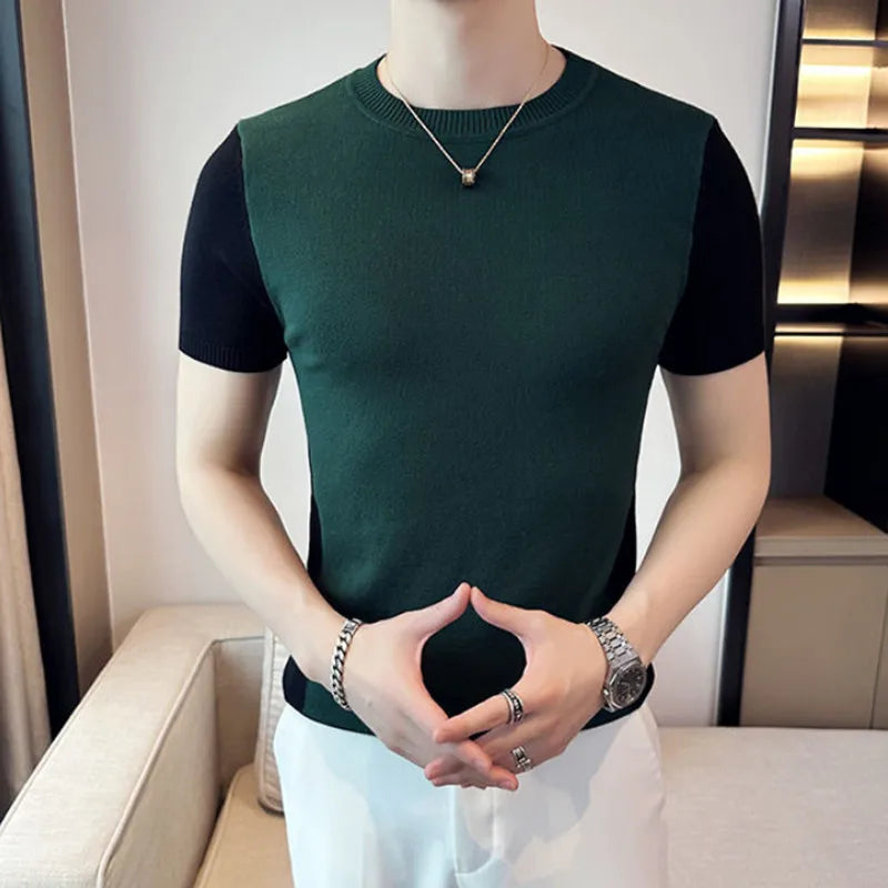 Threebooy Men's Summer Short Sleeves Casual Short Sleeve Knitted Sweater Men's Fashion Color Matching Slim Fit Knit Pullovers S-3XL