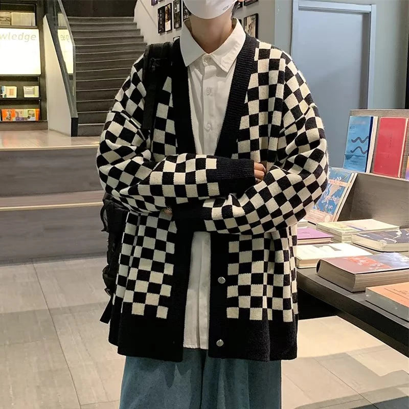 Threebooy Autumn Vintage Checkerboard Cardigan Long-sleeved Button Sweater Men's Preppy Casual Knitwear Jacket Unisex Streetwear