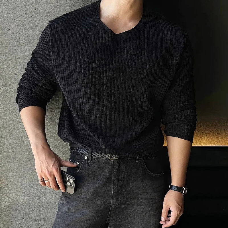 Threebooy  New Korean Fashion Men T-shirt Luxury Knitted Solid Color O Neck Long Sleeve Tees Casual Premium Quality Textured Knitwear M-3XL