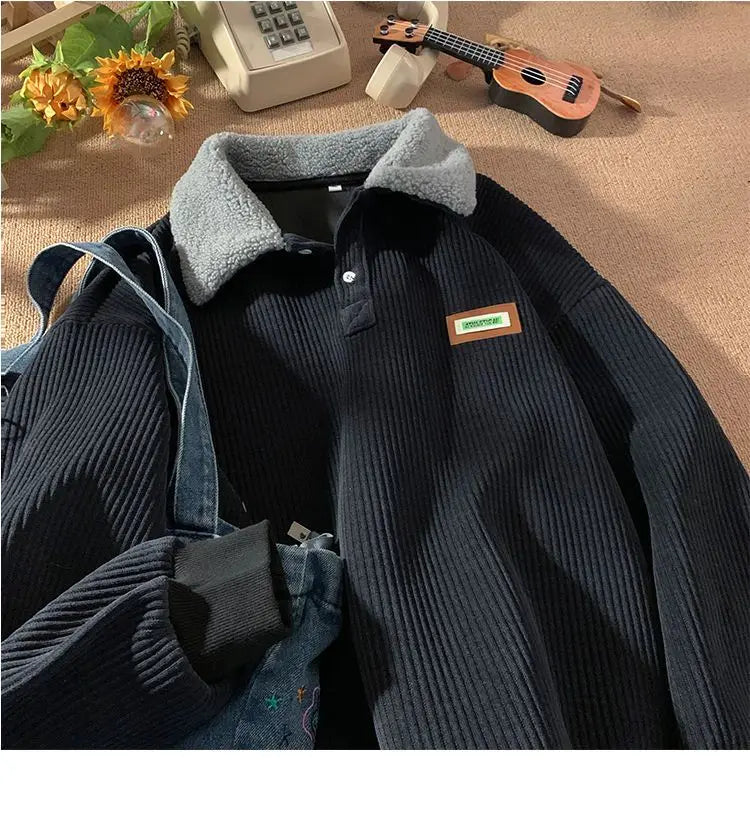 Threebooy Men's Corduroy Polo Shirt Sweater Women's Autumn Winter Fleece Thick Coat Turndown Collar Buttons Long Sleeves Warm Tops