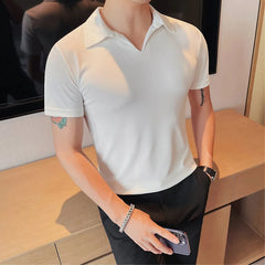Threebooy  Summer Men's Clothing Luxury Jacquard Knit V Neck Short Sleeve Polo Shirt Leisure Breathable Fashion High Quality Knitwear S-3XL