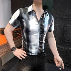 Threebooy  High Quality Summer Tie Dye Short Sleeved Shirt Men Ice Silk Breathable Slim Casual Business Shirt Streetwear Social Shirts