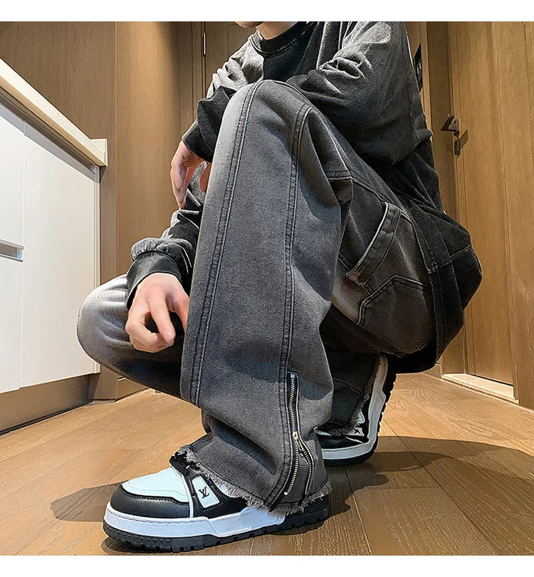 Threebooy Autumn jeans men New Fashion Side Zipper Casual Jean Pants Men High Street Loose Straight Pant Mens Vintage All-match Trousers
