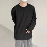 Threebooy Mens Autumn Winter Personalized Pleated Long-Sleeve T-Shirts Genderless French Casual Loose Round Neck Solid Color Tops Unisex