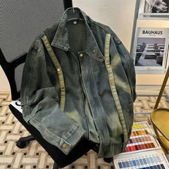 Threebooy  American Retro Niche Button Jeans Coat Design Zipper Loose Washed Denim Jacket Men's Autumn High Street Jacket Top Spring Autumn