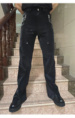 Threebooy New high-end lightweight liquid personality men's PU leather pants motorcycle pants prom club leather pants