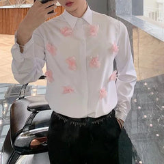 Threebooy Mens French Floral Long-Sleeved Shirt Autumn Genderless Trendy Personality Stand-Up Collar Stage Performance Clothing Unisex