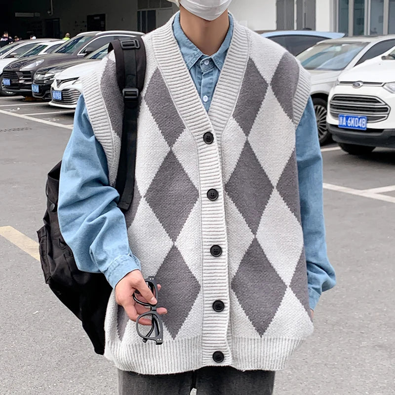 Threebooy Windproof Open Front Button V Neck Vest Waistcoat Men Warm Soft Coat Autumn Winter Top Sleeveless New Basic Casual Knit Cardigan