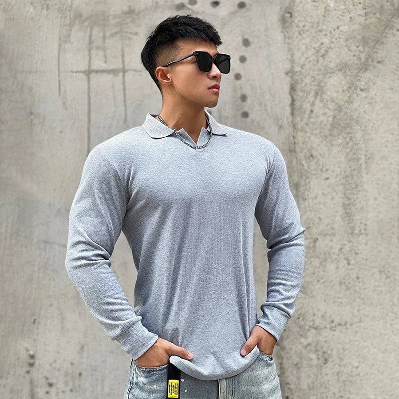 Threebooy Men Tee Shirt V-neck Turndown Collar Long Sleeve Elastic Cotton Tee&Tops Stylish T-shirt Autumn Casual Solid Male Clothing