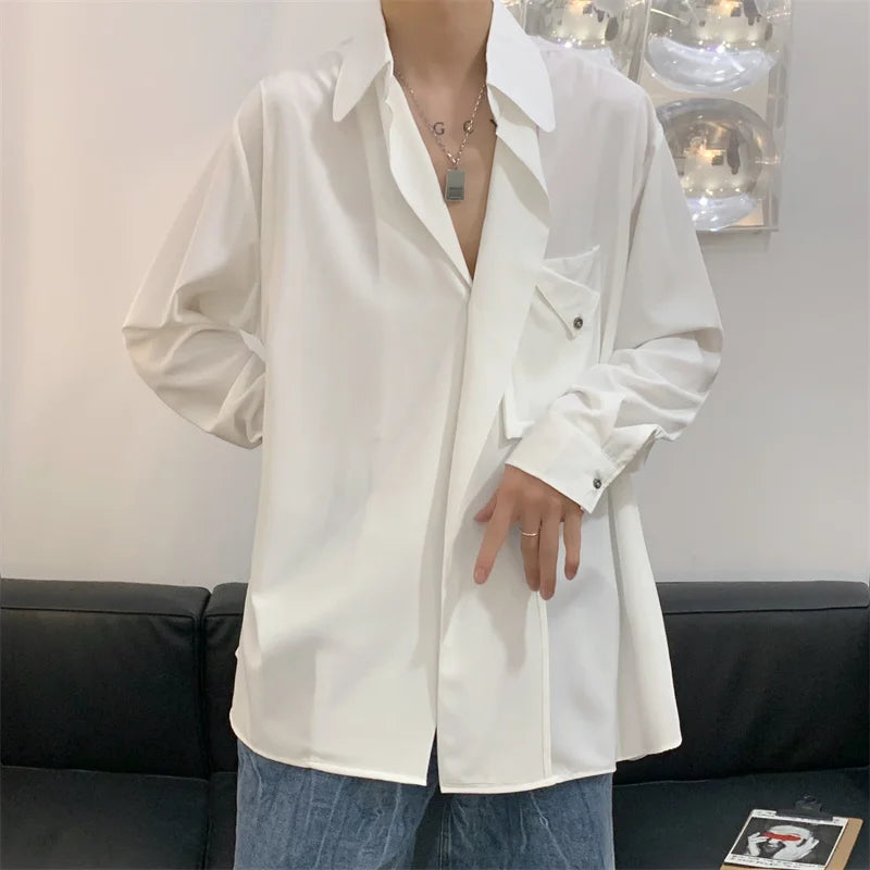 Threebooy Korean Streetwear Spring Color New Style Personalized Men's Suit Stand Collar Diagonal Button Long Sleeve Shirt Male