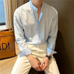 Threebooy  Summer Ultra-thin Men's New Chinese Style Stand Collar Shirt Fashion Casual Slightly Slim Long-sleeved Trend
