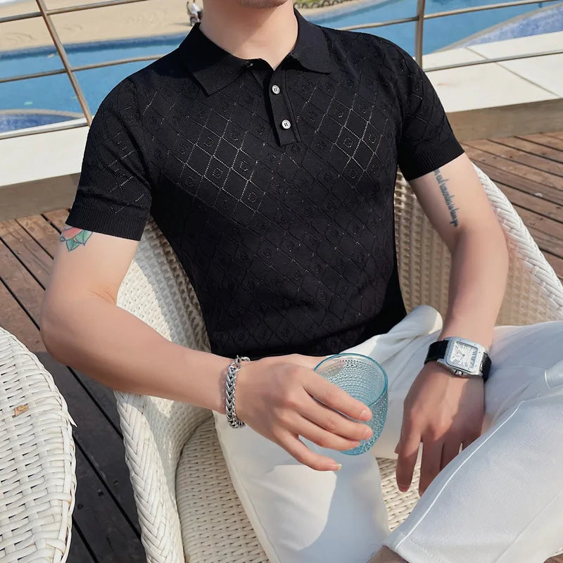 Threebooy Men Knitted Ice Silk Summer Short Sleeve Polo Shirts Slim Tops Casual Breathable Solid Color Business Shirt Easy To Match