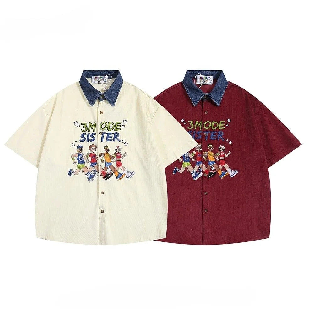 Threebooy  Men Women American Retro Athlete Embroidery Spliced Denim Collar Short-sleeved Shirts Trendy Summer Street Casual Loose Blouse
