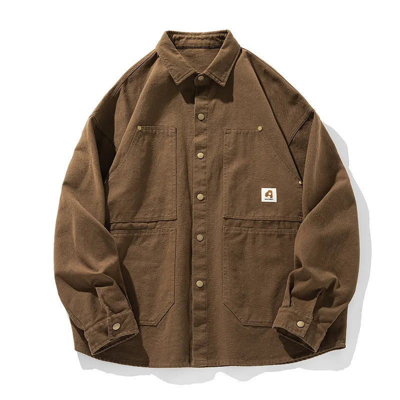 Threebooy Washed American retro pure cotton long sleeved shirt for men's autumn high street loose shirt jacket