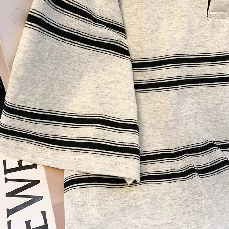Threebooy High street hip-hop men and women trendy personalized striped polo short sleeved couple summer loose retro casual Harajuku top