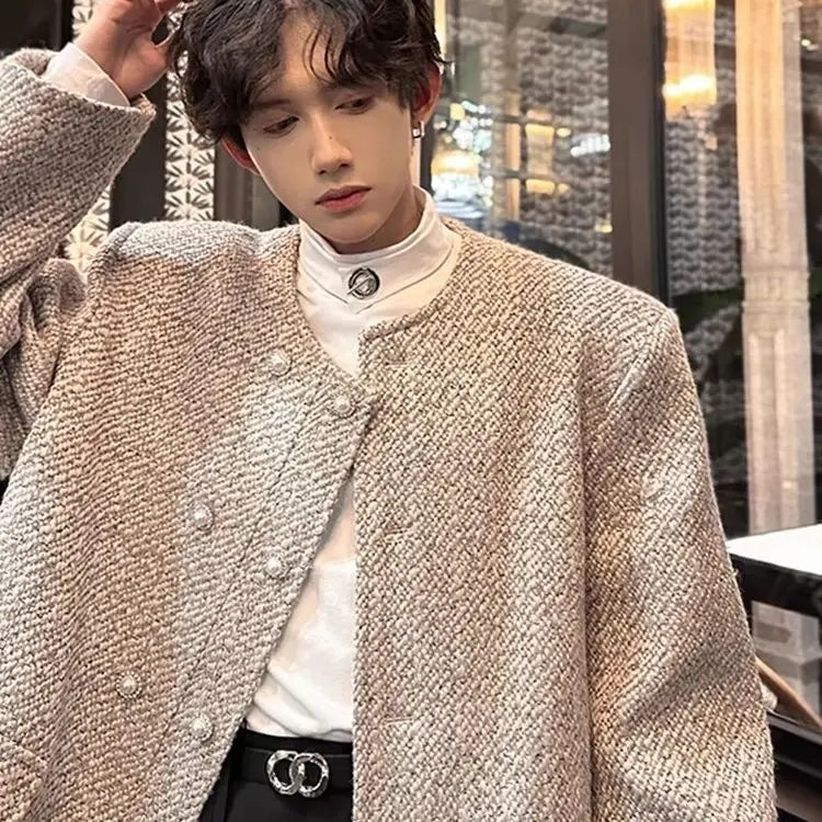 Threebooy  Spring Autumn Collarless Shoulder Pad Suit Double-row Jacket Streetwear Versatile Short Handsome High-end Elegant Woolen Jacket