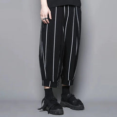 Threebooy Men Casual Pants Striped Drawstring Streetwear Joggers Pockets Harem Trousers Loose Fashion Cropped Pants Man Clothes Pantalones