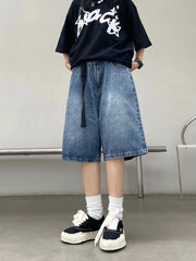 Threebooy High Street Retro Blue Jeans Shorts Summer New Baggy Wide Leg Denim Half Pants Fashion Streetwear Y2k Clothing Oversize Man