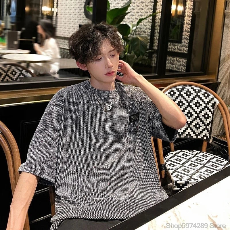 Threebooy New Summer Stylish Bright TShirt Men Tops Shiny Loose Short Sleeve T-shirt High Street Aesthetic Harajuku Women Tshirt