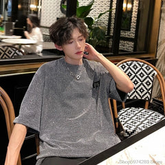 Threebooy New Summer Stylish Bright TShirt Men Tops Shiny Loose Short Sleeve T-shirt High Street Aesthetic Harajuku Women Tshirt