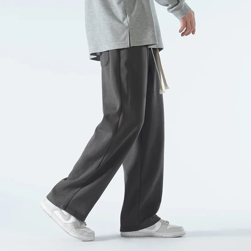 Threebooy  New Men's Casual Pants Wide Leg Straight 65% Cotton Fabric Outdoor Sweatpants Neutral High-quality Soft Long Baggy Trousers