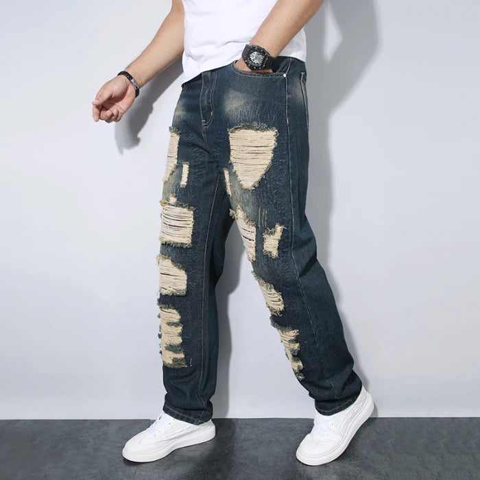 Threebooy  Men's Wide Leg Jeans Trendy Brand Straight-leg Pants Beggar Ripped New Style Jeans Breathable Comfortable Men's Regular Trousers