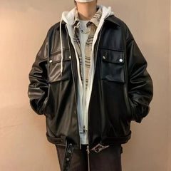 Threebooy Oversized Men's Leather Jackets VIntage Hooded Jackets Faux Leather Coat Korean Style Big Pockets Windbreaker PU Biker overcoat