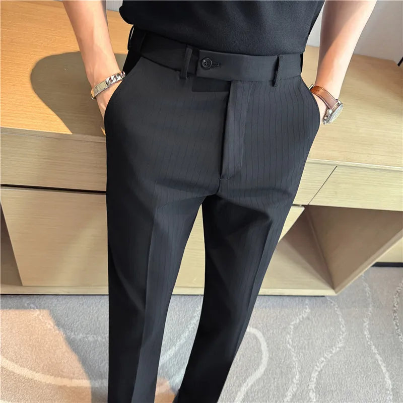 Threebooy Autumn Winter Elastic Waist Suit Pants Men High Quality Youthful Vitality Smart Casual Suit Trousers Mens Solid Striped Pants