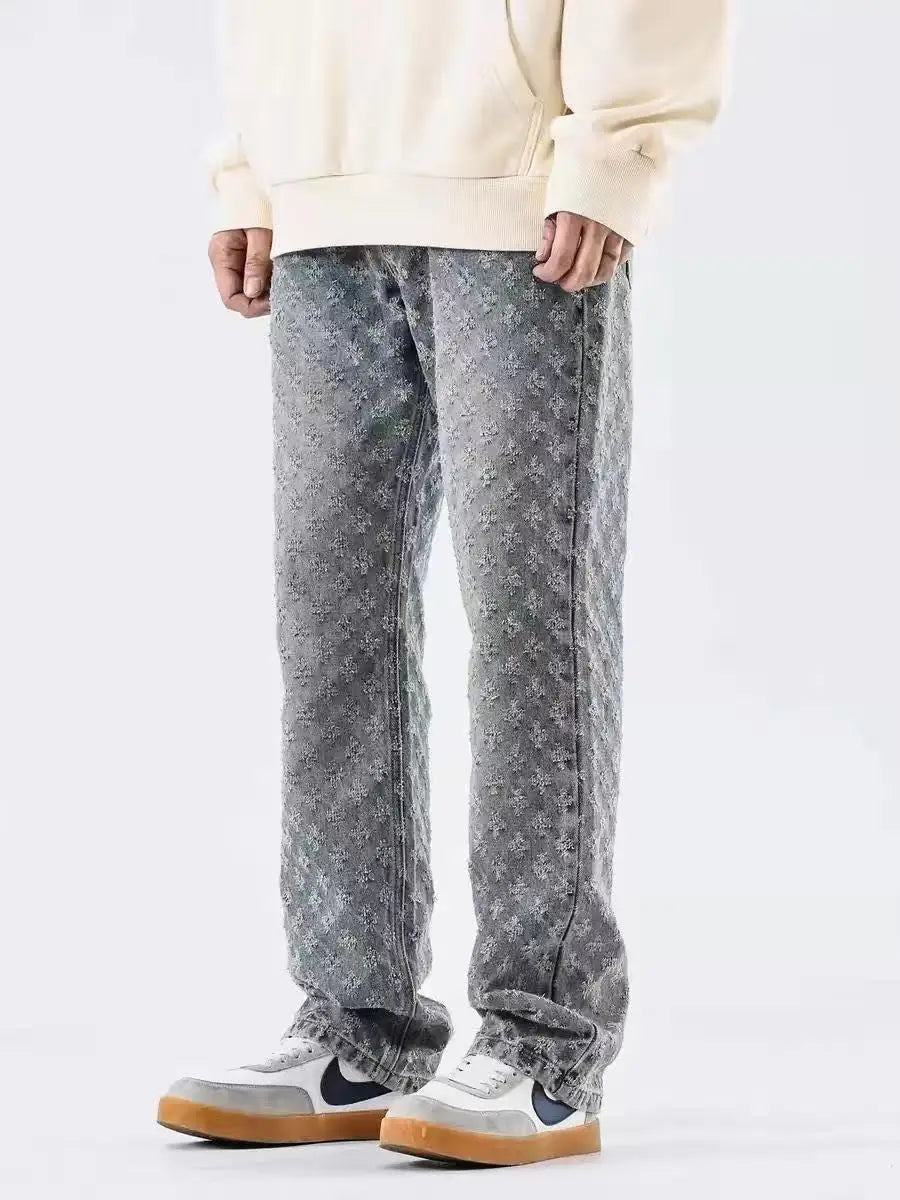 Threebooy  White Jacquard Full-Print Flared Jeans for Men, European and American High Street Vibe, Straight Loose Narrow-Fit Casual Wide-Leg Pants