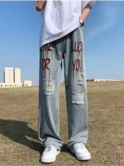 Threebooy  Y2k Streetwear Printed Ripped Hole Jeans Men Wide Leg Denim Baggy Pants Vintage Casual Jeans Straight Trousers