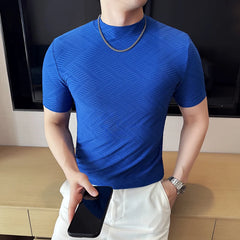 Threebooy  Men's Semi High Neck Short Sleeved T-shirt for Spring and Summer Fashionable and Versatile Slim Fit Jacquard T-shirt