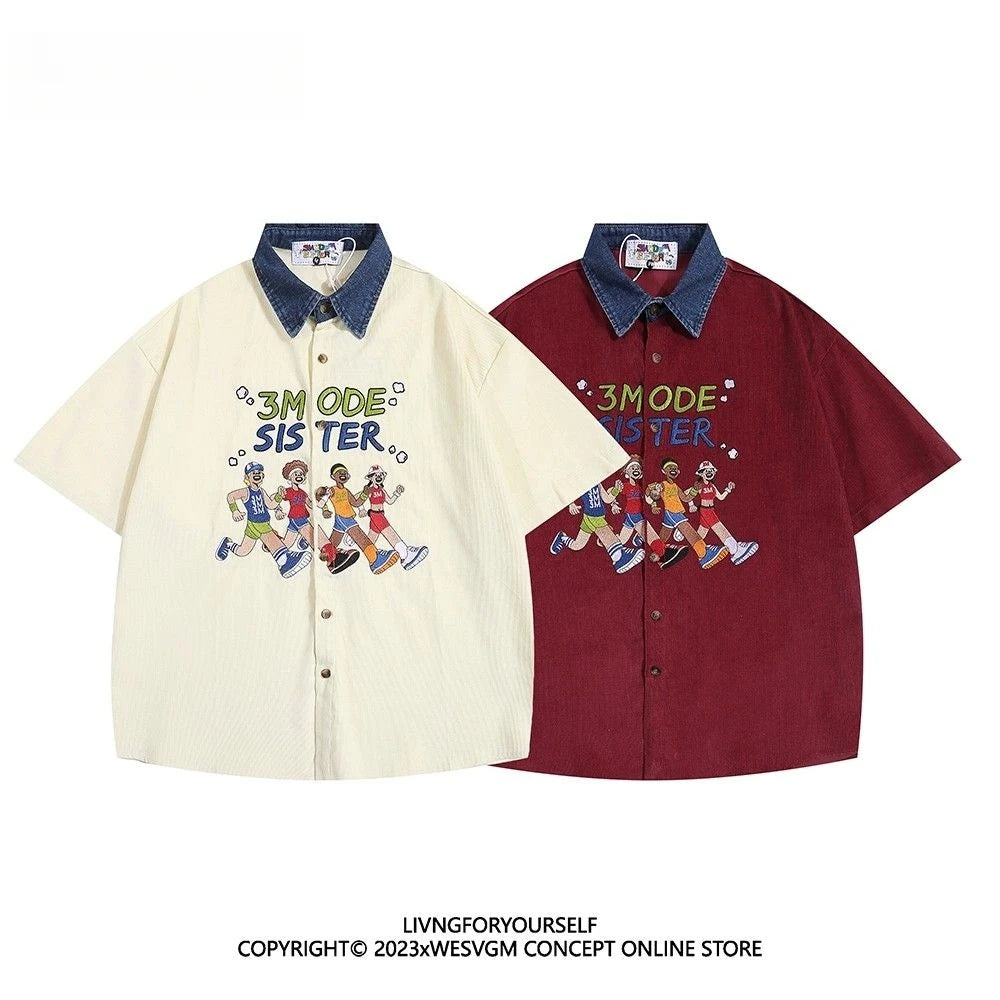 Threebooy  Summer American Retro Athlete Embroidered Spliced denim Neck Short-sleeved Shirt Men Women Loose Trendy Tops Aesthetic Chic