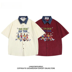 Threebooy  Summer American Retro Athlete Embroidered Spliced denim Neck Short-sleeved Shirt Men Women Loose Trendy Tops Aesthetic Chic