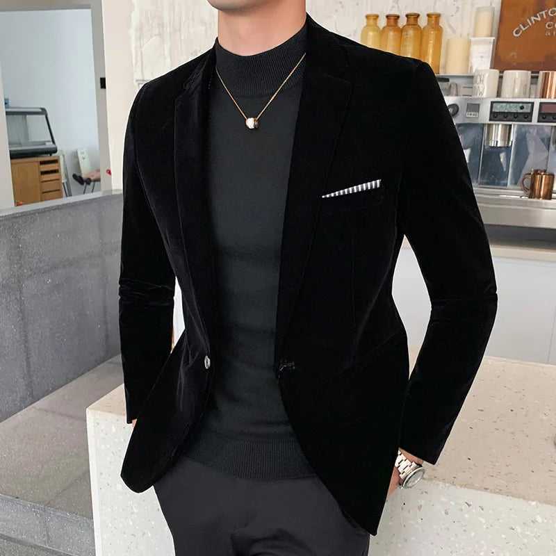 Threebooy  Clothing Men Golden Velvet Suit ,Male Slim High Quality Business Blazers/Groom's Wedding Dress Men's Jacket Clothing,M-5XL