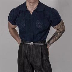 Threebooy  Hollow Knitted Short-sleeved POLO Shirt T-shirt for Men's Summer Korean Style Top Mesh Texture Design Shirt