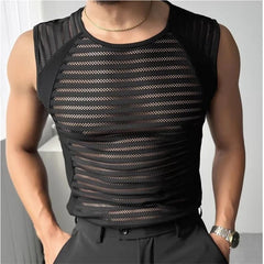 Threebooy  Men's Summer Sheer Mesh Fitness Sleeveless Vest Outdoor Sports Striped Transparent Quick Dry Gym Tank Top