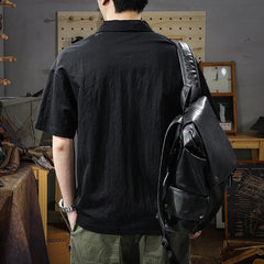 Threebooy  Summer Zip Pockets Short Sleeve Polo Shirts Men's Striped Patchwork Turn-down Collar T-shirts High Street Y2K Polos Tee Tops