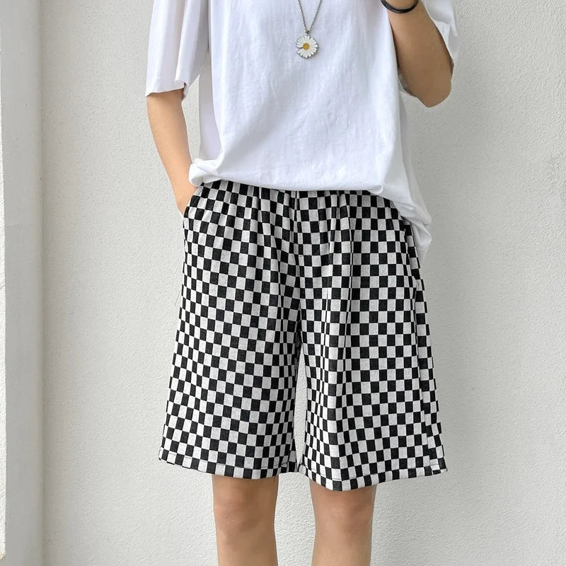 Threebooy Summer new men's fashion brand plaid shorts five points ice silk loose casual pants thin beach pants black gray yellow